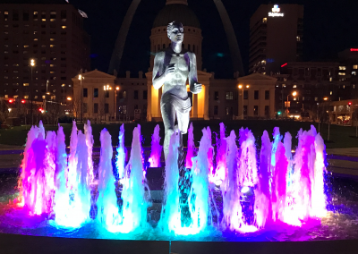 At night, the fountain LED lights change to match the mood of the city.